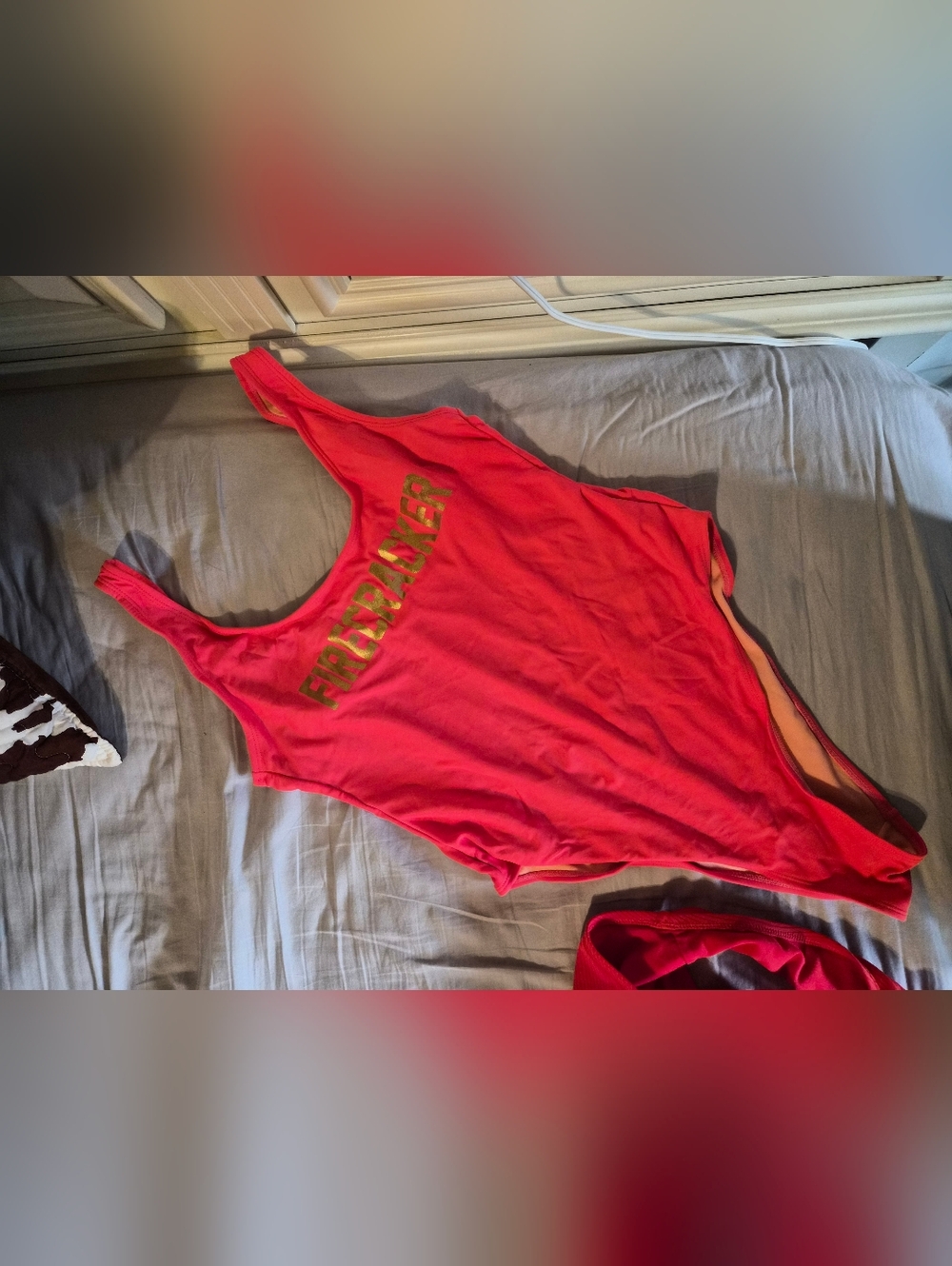 Red One-Piece Swimsuit with Gold Lettering